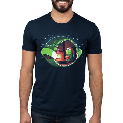 Premium Cotton T-shirt - A Christmas Turtle by TeeTurtle is snuggling up by the fireplace, reading a book in a Santa Claus outfit.