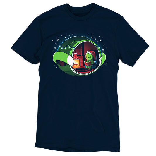 Premium Cotton T-shirt - A Christmas Turtle by TeeTurtle is snuggling up by the fireplace, reading a book in a Santa Claus outfit.