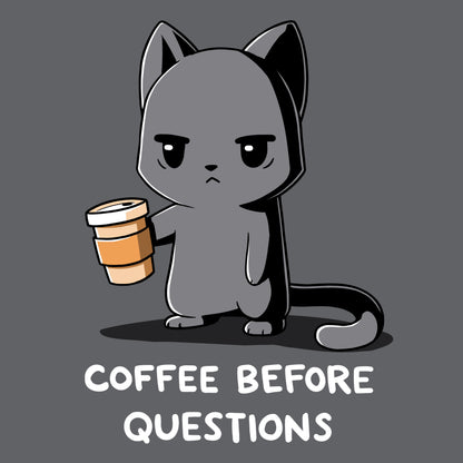 Premium Cotton T-shirt_TeeTurtle charcoal gray Coffee Before Questions. Featuring a grumpy cat holding a coffee cup saying, "Coffee Before Questions".