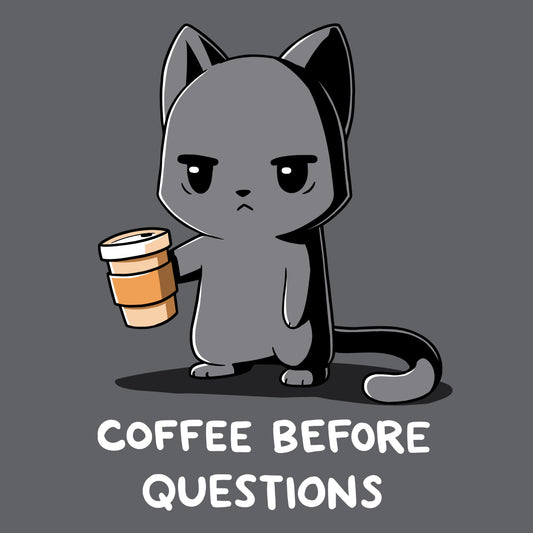 Premium Cotton T-shirt_TeeTurtle charcoal gray Coffee Before Questions. Featuring a grumpy cat holding a coffee cup saying, 