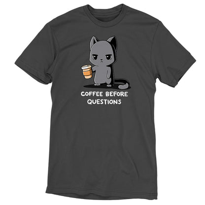 Premium Cotton T-shirt_TeeTurtle charcoal gray Coffee Before Questions. Featuring a grumpy cat holding a coffee cup saying, "Coffee Before Questions".