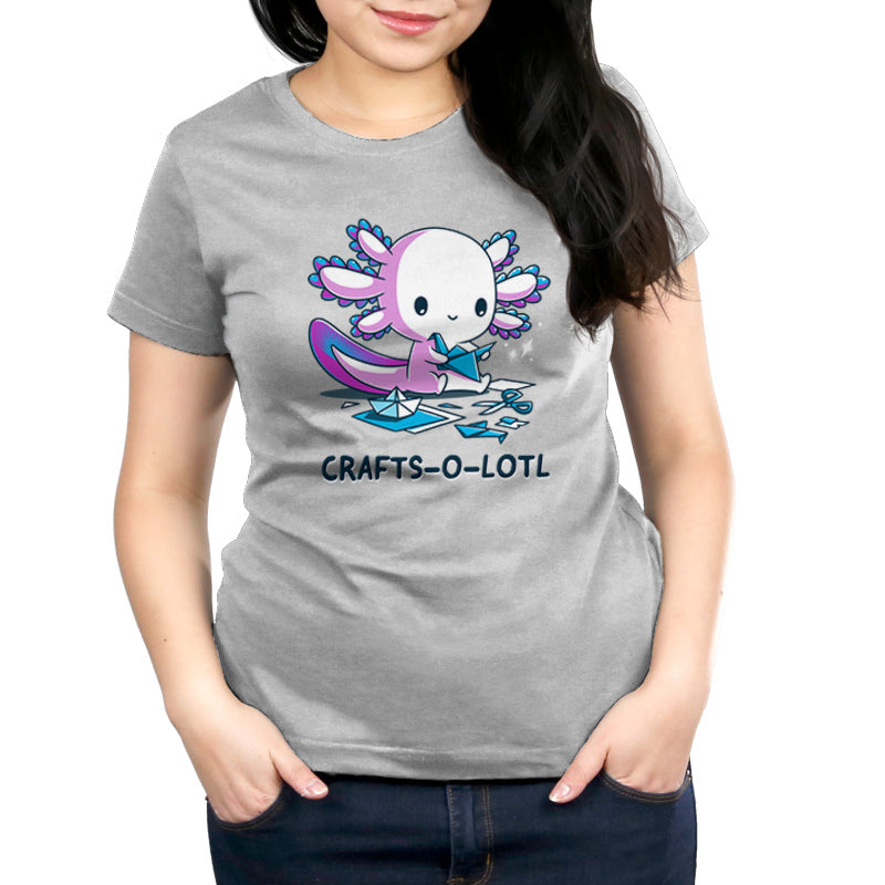 Premium Cotton T-shirt_TeeTurtle Crafts-O-Lotl Silver Gray t-shirt featuring a cute axolotl making origami crafts, surrounded by paper and completed pieces. Text below reads "CRAFTS-O-LOTL"