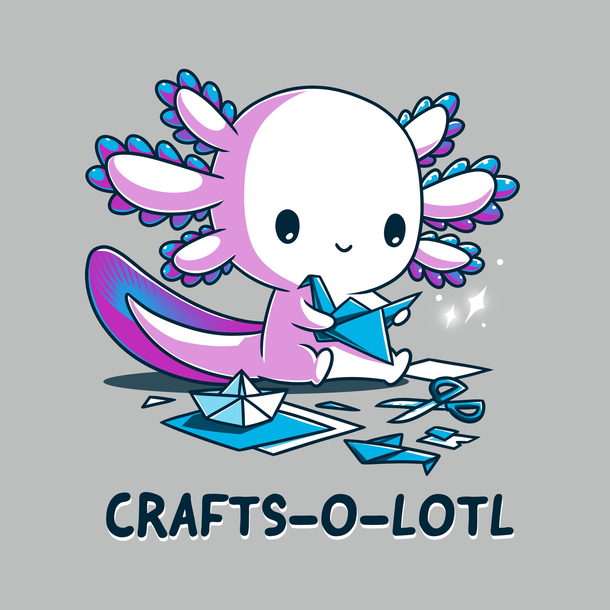 Premium Cotton T-shirt_TeeTurtle Crafts-O-Lotl Silver Gray t-shirt featuring a cute axolotl making origami crafts, surrounded by paper and completed pieces. Text below reads "CRAFTS-O-LOTL"