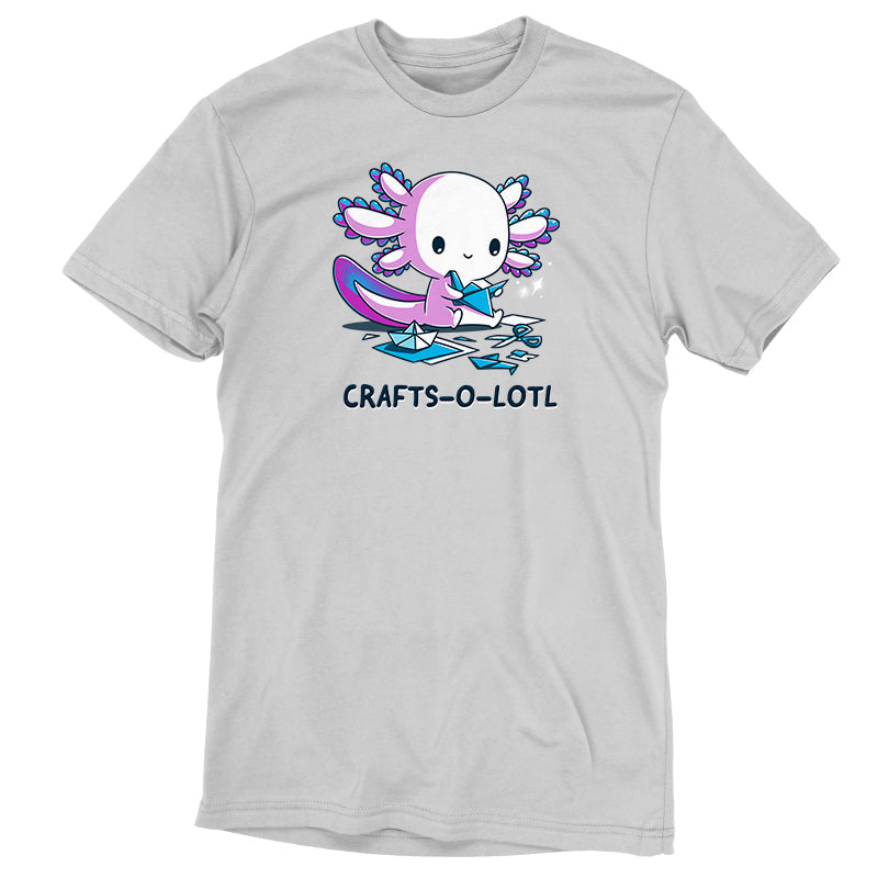 Premium Cotton T-shirt_TeeTurtle Crafts-O-Lotl Silver Gray t-shirt featuring a cute axolotl making origami crafts, surrounded by paper and completed pieces. Text below reads "CRAFTS-O-LOTL"