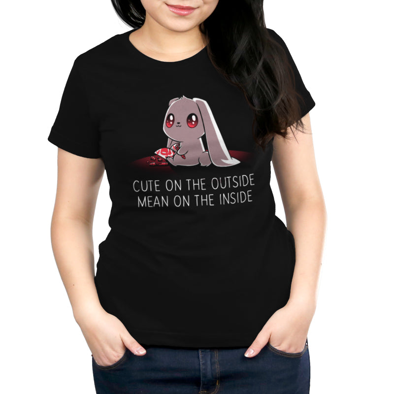 Premium Cotton T-shirt_TeeTurtle Cute on the Outside, Mean on the Inside black t-shirt featuring a a cute bunny with big eyes drawing red skulls with a crayon, with text "Cute on the Outside, Mean on the Inside" beneath it. 