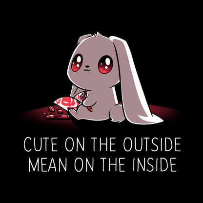 Premium Cotton T-shirt_TeeTurtle Cute on the Outside, Mean on the Inside black t-shirt featuring a a cute bunny with big eyes drawing red skulls with a crayon, with text "Cute on the Outside, Mean on the Inside" beneath it. 