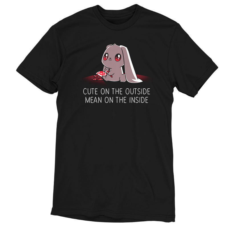 Premium Cotton T-shirt_TeeTurtle Cute on the Outside, Mean on the Inside black t-shirt featuring a a cute bunny with big eyes drawing red skulls with a crayon, with text "Cute on the Outside, Mean on the Inside" beneath it. 