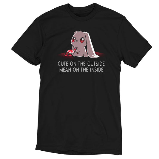 Premium Cotton T-shirt_TeeTurtle Cute on the Outside, Mean on the Inside black t-shirt featuring a a cute bunny with big eyes drawing red skulls with a crayon, with text 