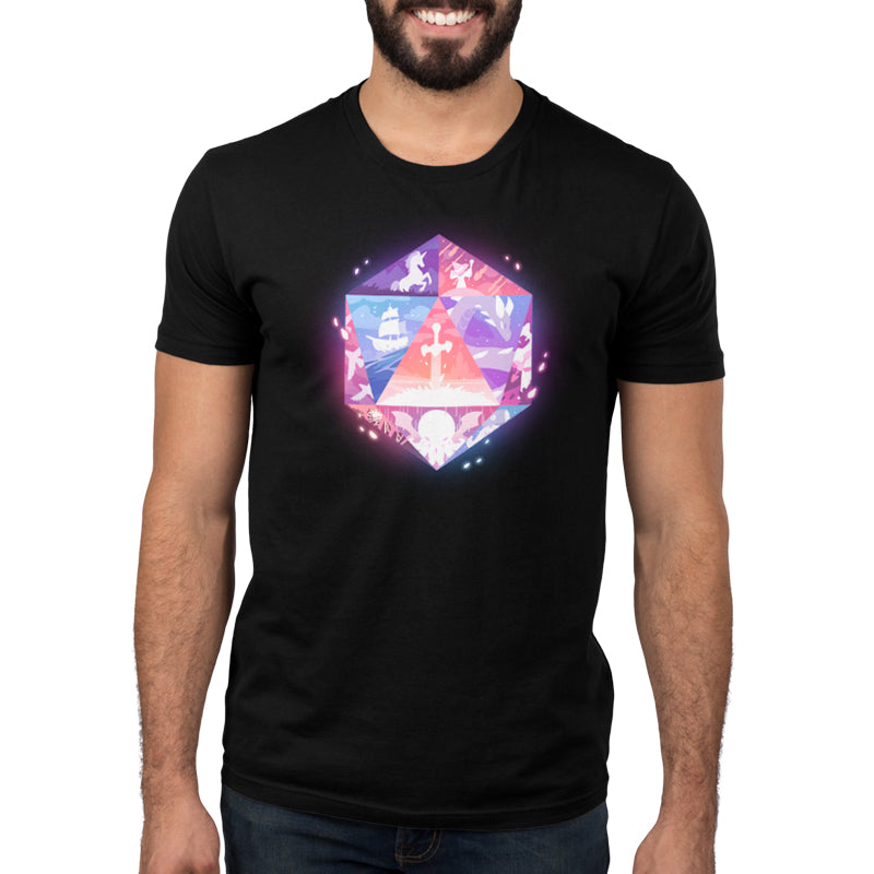 Premium Cotton T-shirt_TeeTurtle black D20 Adventures. Featuring a D20 with renditions of fantasy scenes in a stained-glass-like style on the die faces.