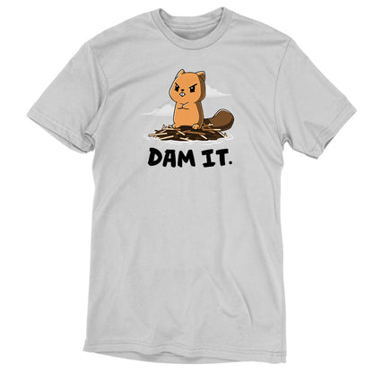 Premium Cotton T-shirt_TeeTurtle Dam It Silver Gray t-shirt featuring A cartoon beaver with an angry expression stands on a dam of sticks with the text "DAM IT." below. 