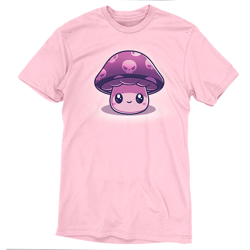 Premium Cotton T-shirt_TeeTurtle Deadly Little Mushroom light pink t-shirt featuring a cute smiling little mushroom with a purple cap that has skulls on it