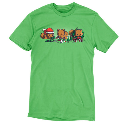 Premium Cotton T-shirt_TeeTurtle Deck the Halls apple green t-shirt featuring three little squirrels making holiday crafts