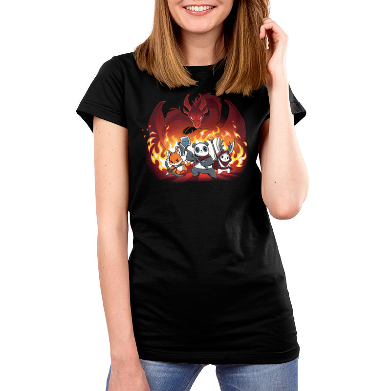 Premium Cotton T-shirt_TeeTurtle Dragon Fight black t-shirt featuring a panda warrior, an archer fox, and a winged cat standing ready for battle in front of a fire-breathing red dragon, with flames in the background.