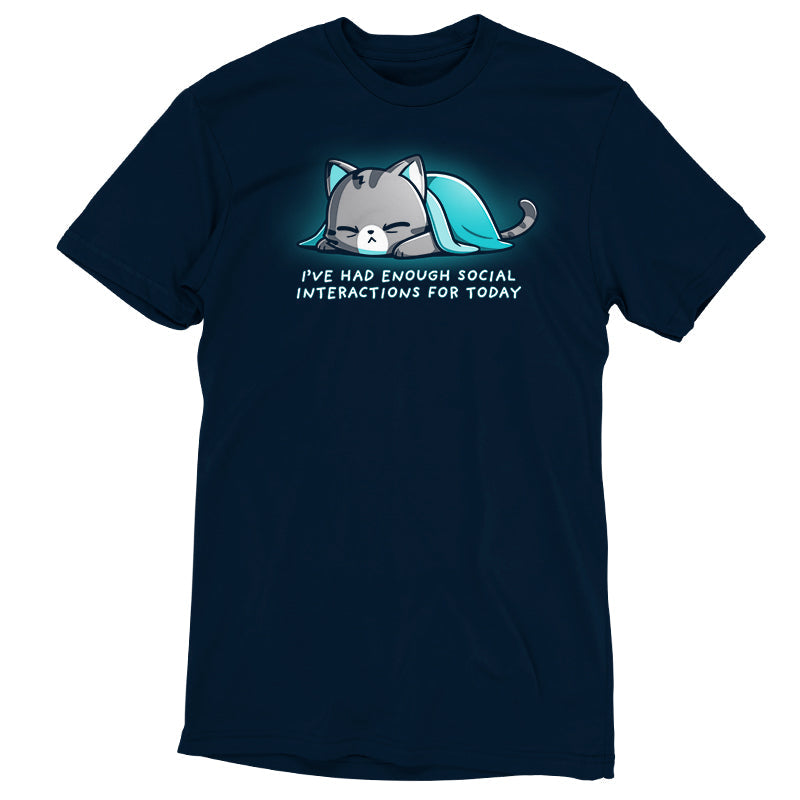 Premium Cotton T-shirt_TeeTurtle Enough Social Interactions Navy Blue t-shirt featuring a cat under a blue blanket.