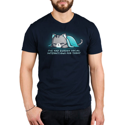 Premium Cotton T-shirt_TeeTurtle Enough Social Interactions Navy Blue t-shirt featuring a cat under a blue blanket.