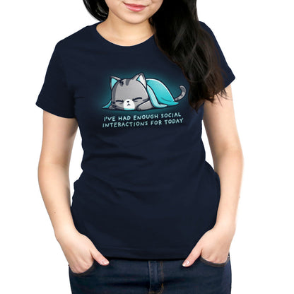 Premium Cotton T-shirt_TeeTurtle Enough Social Interactions Navy Blue t-shirt featuring a cat under a blue blanket.