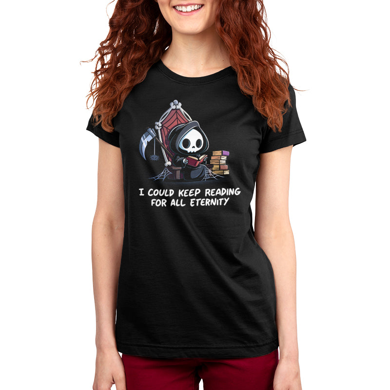 Premium Cotton T-shirt_TeeTurtle black Eternal Reader featuring the Grim Reaper on a cobwebbed throne reading a book with text, “I could keep reading for all eternity“.