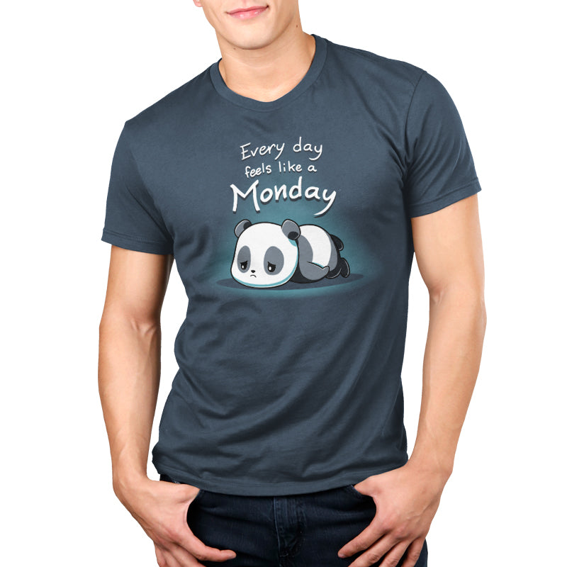 Premium Cotton T-shirt_Teeturtle Every Day Feels Like a Monday Denim Blue Featuring a sad cartoon panda flopped on the floor with eyes downcast with the words 'Every day feels like a Monday' above it.