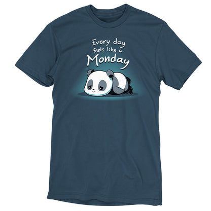 Premium Cotton T-shirt_Teeturtle Every Day Feels Like a Monday Denim Blue Featuring a sad cartoon panda flopped on the floor with eyes downcast with the words 'Every day feels like a Monday' above it.