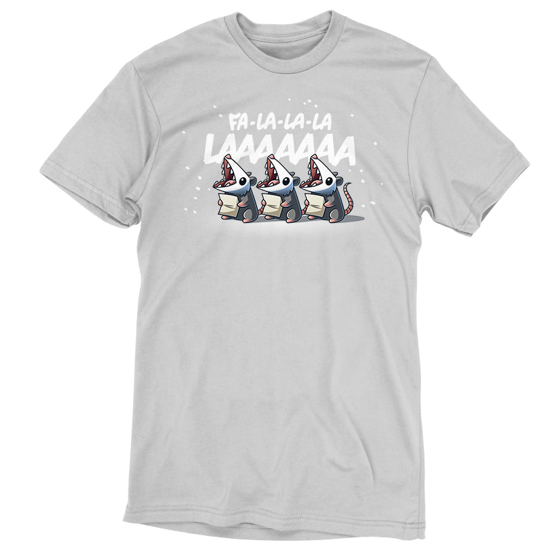 Premium Cotton T-shirt_TeeTurtle silver gray Fa La-La-La LAAAAAAA apparel featuring three opossums holding sheets of paper singing Fa La-La-La LAAAAAAA.