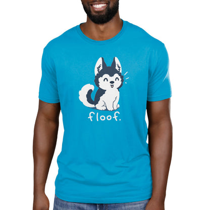 Premium Cotton T-shirt_TeeTurtle Floof cobalt blue t-shirt featuring a fluffy husky with its tongue hanging out posed over the word 'Floof'.