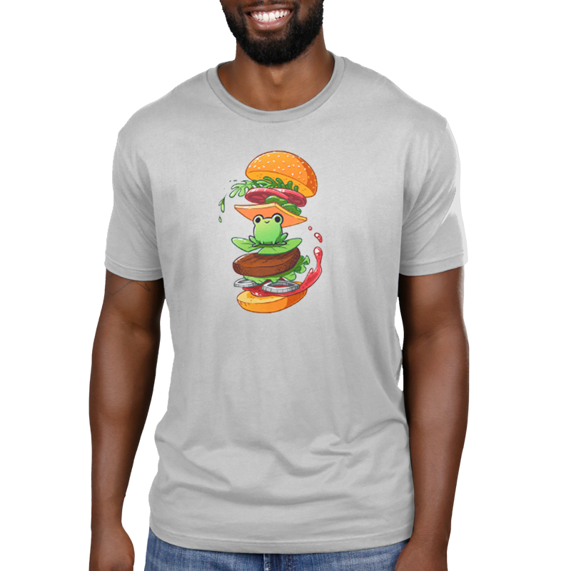 Premium Cotton T-shirt_TeeTurtle silver gray Frog Burger featuring a frog in the middle of a burger’s floating ingredients.