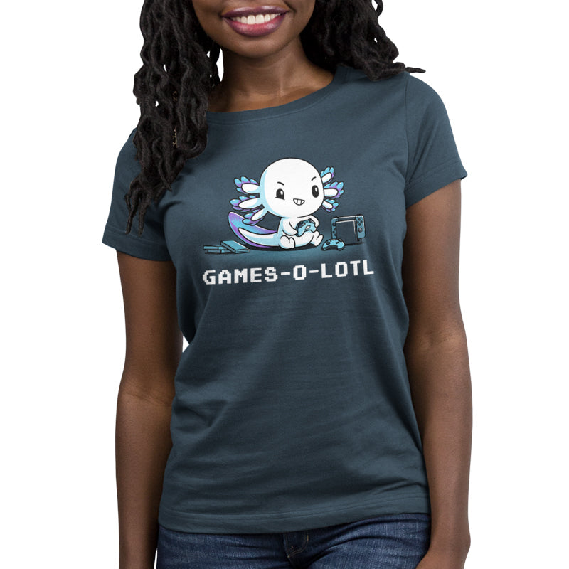 Premium Cotton T-shirt_Teeturtle Games-O-Lotl demin blue t-shirt featuring an axolotl playing video games with consoles and controllers around.