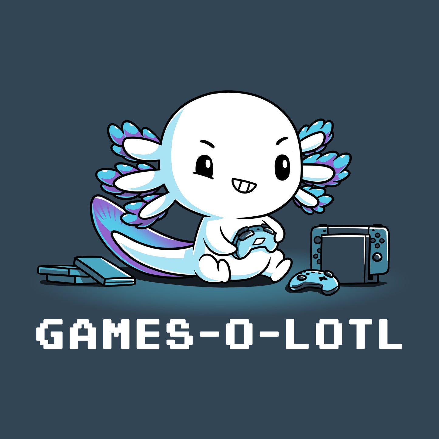 Premium Cotton T-shirt_Teeturtle Games-O-Lotl demin blue t-shirt featuring an axolotl playing video games with consoles and controllers around.