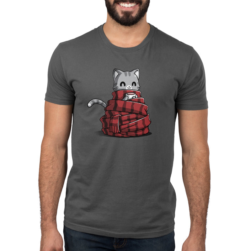 Premium Cotton T-shirt_TeeTurtle Get Cozy charcoal gray t-shirt featuring a smiley cat all wrapped up in a cozy scarf holding a mug.