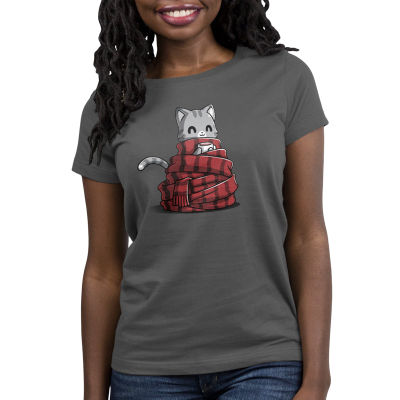 Premium Cotton T-shirt_TeeTurtle Get Cozy charcoal gray t-shirt featuring a smiley cat all wrapped up in a cozy scarf holding a mug.