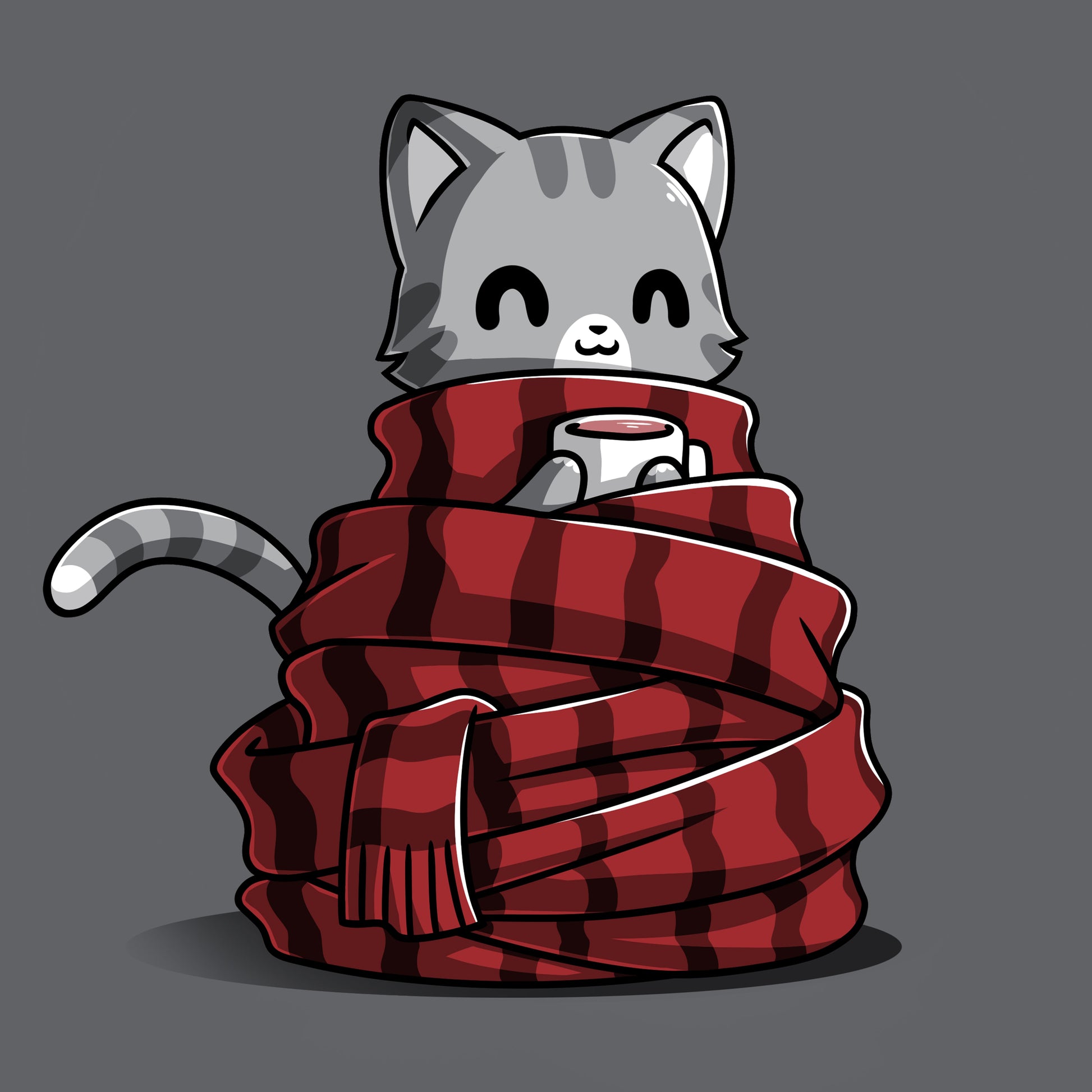 Premium Cotton T-shirt_TeeTurtle Get Cozy charcoal gray t-shirt featuring a smiley cat all wrapped up in a cozy scarf holding a mug.