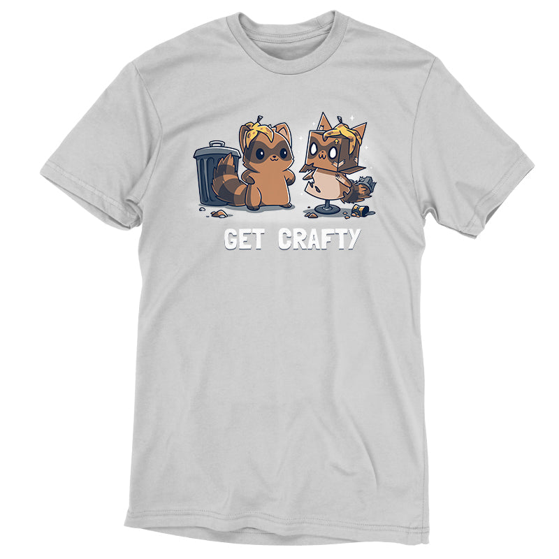 Premium Cotton T-shirt_TeeTurtle Crafty Raccoon silver gray t-shirt featuring a raccoon standing in front of a trash can looking pleased at a sculpture it created of itself out of trash with the words "GET CRAFTY" written below. 