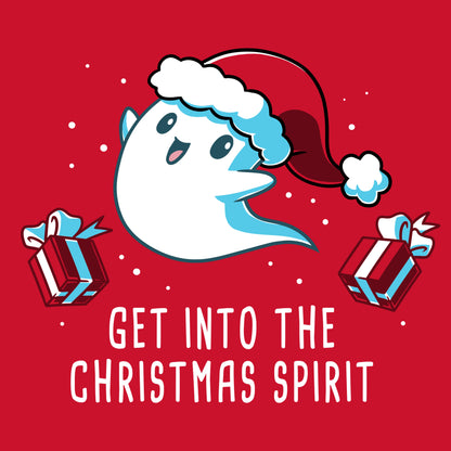 Premium Cotton T-shirt_TeeTurtle Get into the Christmas Spirit red t-shirt featuring a festive ghost in a Santa hat surrounded by presents.