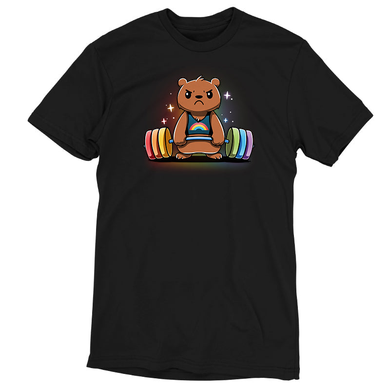 Premium Cotton T-shirt_TeeTurtle Gym Bear black t-shirt featuring a bear in a rainbow tank top lifting a colorful barbell against a dark background with star-like sparkles.