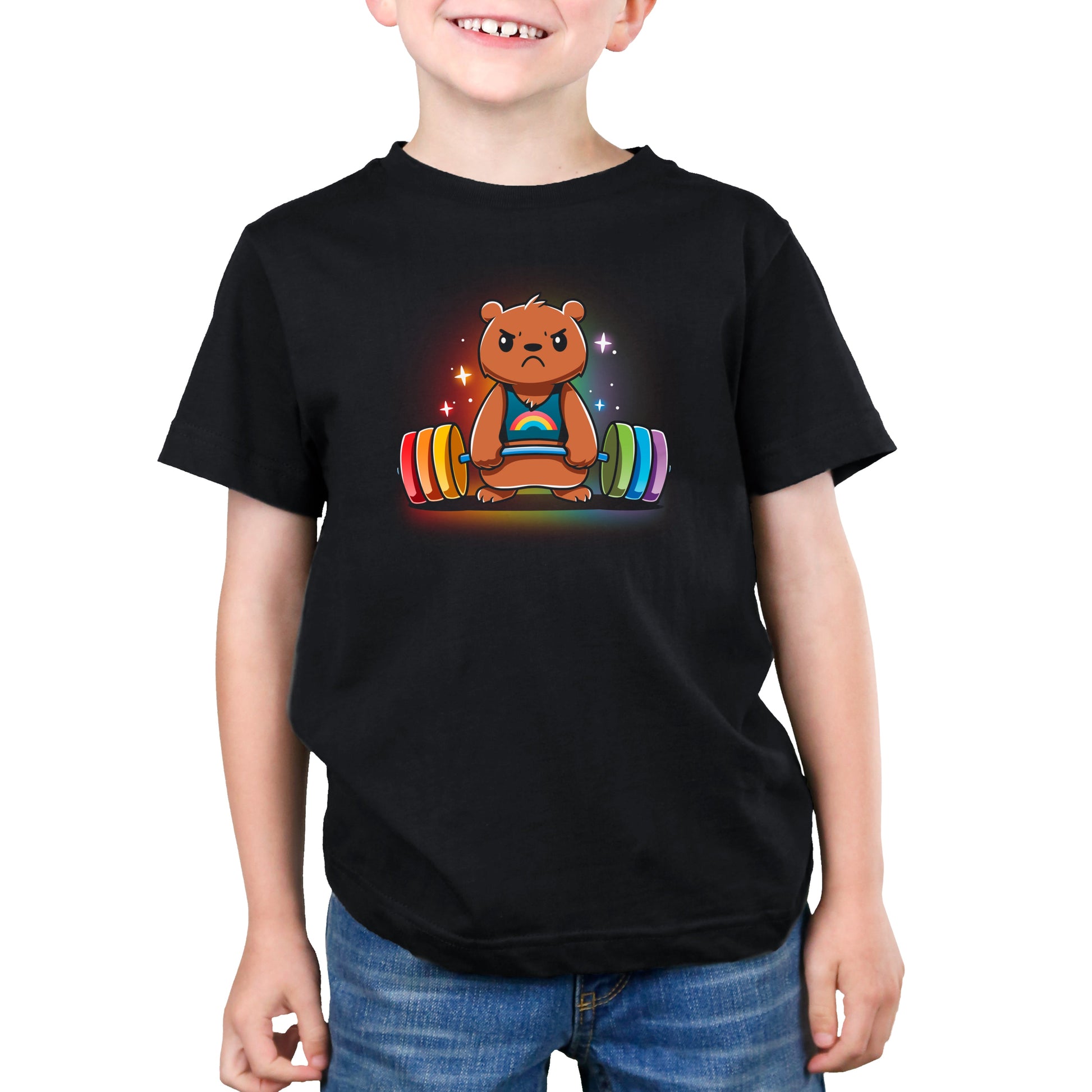 Premium Cotton T-shirt_TeeTurtle Gym Bear black t-shirt featuring a bear in a rainbow tank top lifting a colorful barbell against a dark background with star-like sparkles.