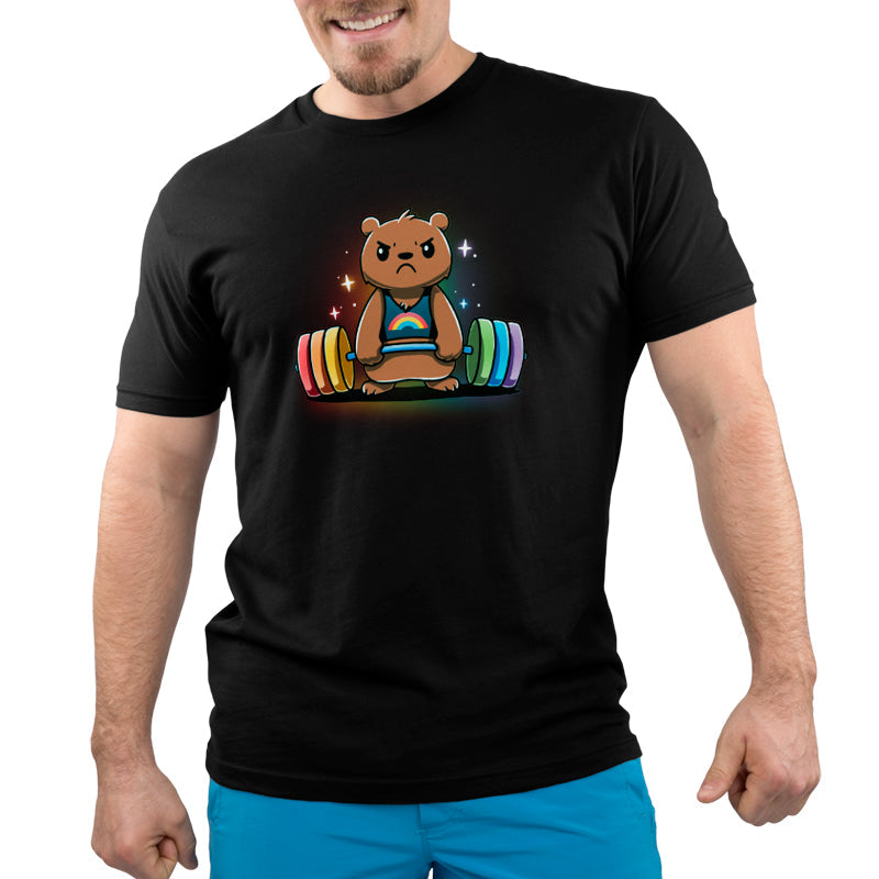 Premium Cotton T-shirt_TeeTurtle Gym Bear black t-shirt featuring a bear in a rainbow tank top lifting a colorful barbell against a dark background with star-like sparkles.