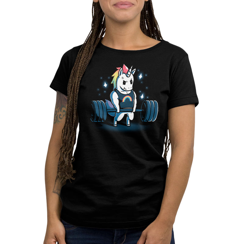 Premium Cotton T-shirt_TeeTurtle Gym Unicorn black t-shirt featuring an illustration of a white unicorn with rainbow hair wearing a black shirt with a rainbow on it lifting weights surrounded by stars. 