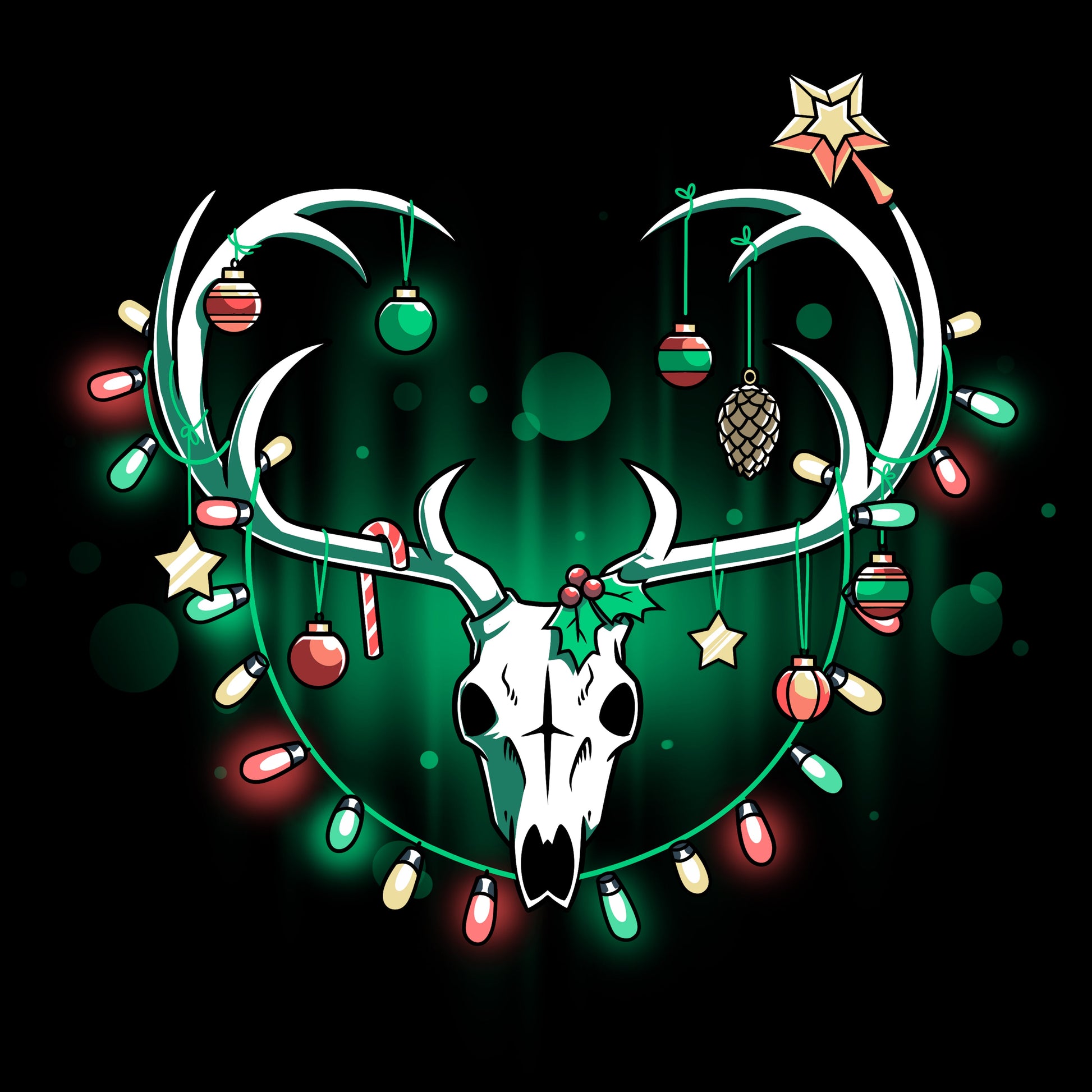 Premium Cotton T-shirt_TeeTurtle Haunting Holidays black t-shirt featuring an illustration of a white skull deer with its antlers decorated with red, yellow and green Christmas lights and ornaments such as small spheres, stars, pinecones, and candy canes.