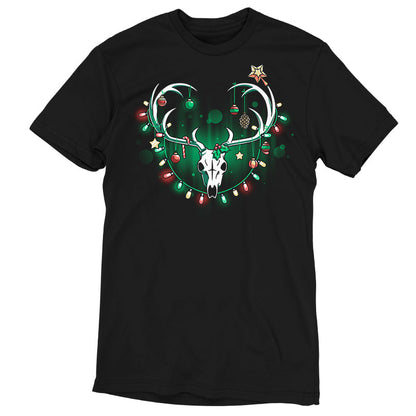 Premium Cotton T-shirt_TeeTurtle Haunting Holidays black t-shirt featuring an illustration of a white skull deer with its antlers decorated with red, yellow and green Christmas lights and ornaments such as small spheres, stars, pinecones, and candy canes.