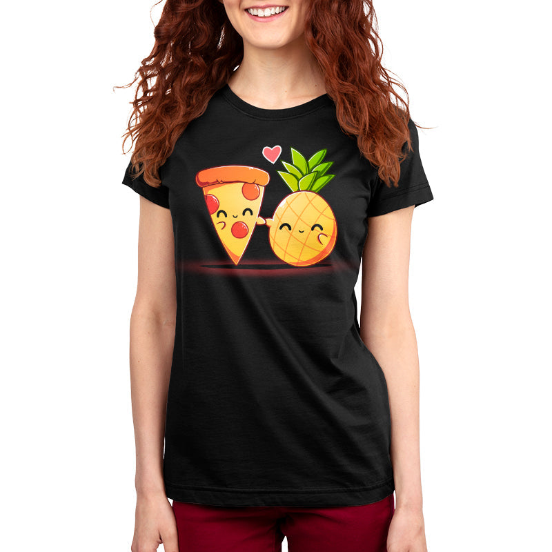 Premium Cotton T-shirt_Teeturtle Hawaiian Pizza black t-shirt featuring a slice of pepperoni pizza and a pineapple, both smiling and holding hands with a heart above them.