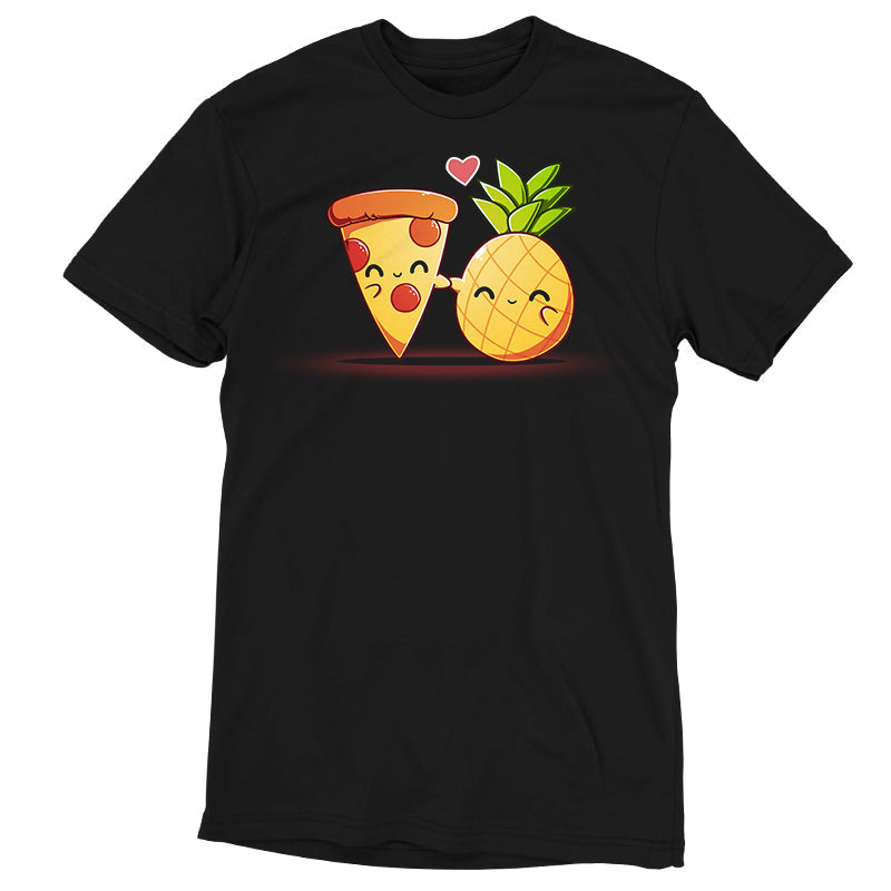 Premium Cotton T-shirt_Teeturtle Hawaiian Pizza black t-shirt featuring a slice of pepperoni pizza and a pineapple, both smiling and holding hands with a heart above them.