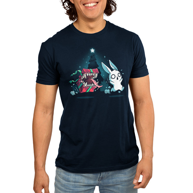 Premium Cotton T-shirt - featuring a panicked white bunny running from a christmas present with big teeth and its tongue sticking out