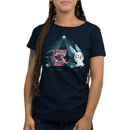 Premium Cotton T-shirt - featuring a panicked white bunny running from a christmas present with big teeth and its tongue sticking out