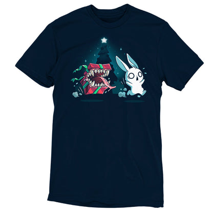 Premium Cotton T-shirt - featuring a panicked white bunny running from a christmas present with big teeth and its tongue sticking out