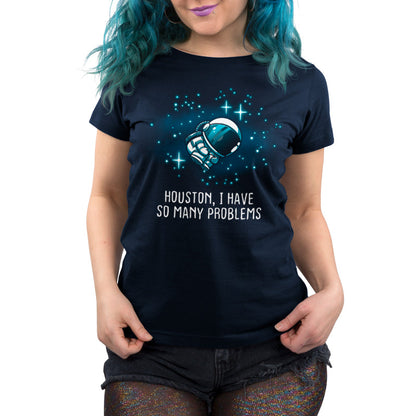 Premium Cotton T-shirt_TeeTurtle navy blue Houston, I Have So Many Problems t-shirt featuring an anxious astronaut floating in space.