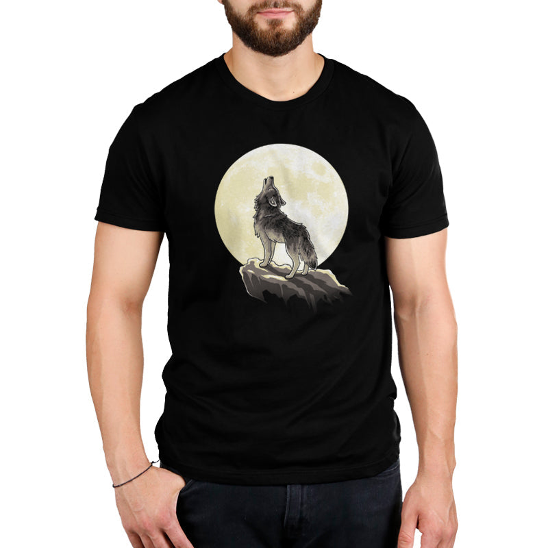 Premium Cotton T-shirt_TeeTurtle Howl at the Moon (Glow) black t-shirt featuring a wolf standing on a ledge howling with a full moon in the background.