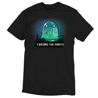 Premium Cotton T-shirt_TeeTurtle black I Bring the Party t-shirt featuring a giant slime monster with a small smile with multiple bones that can be seen in its transparent body inside a cave.