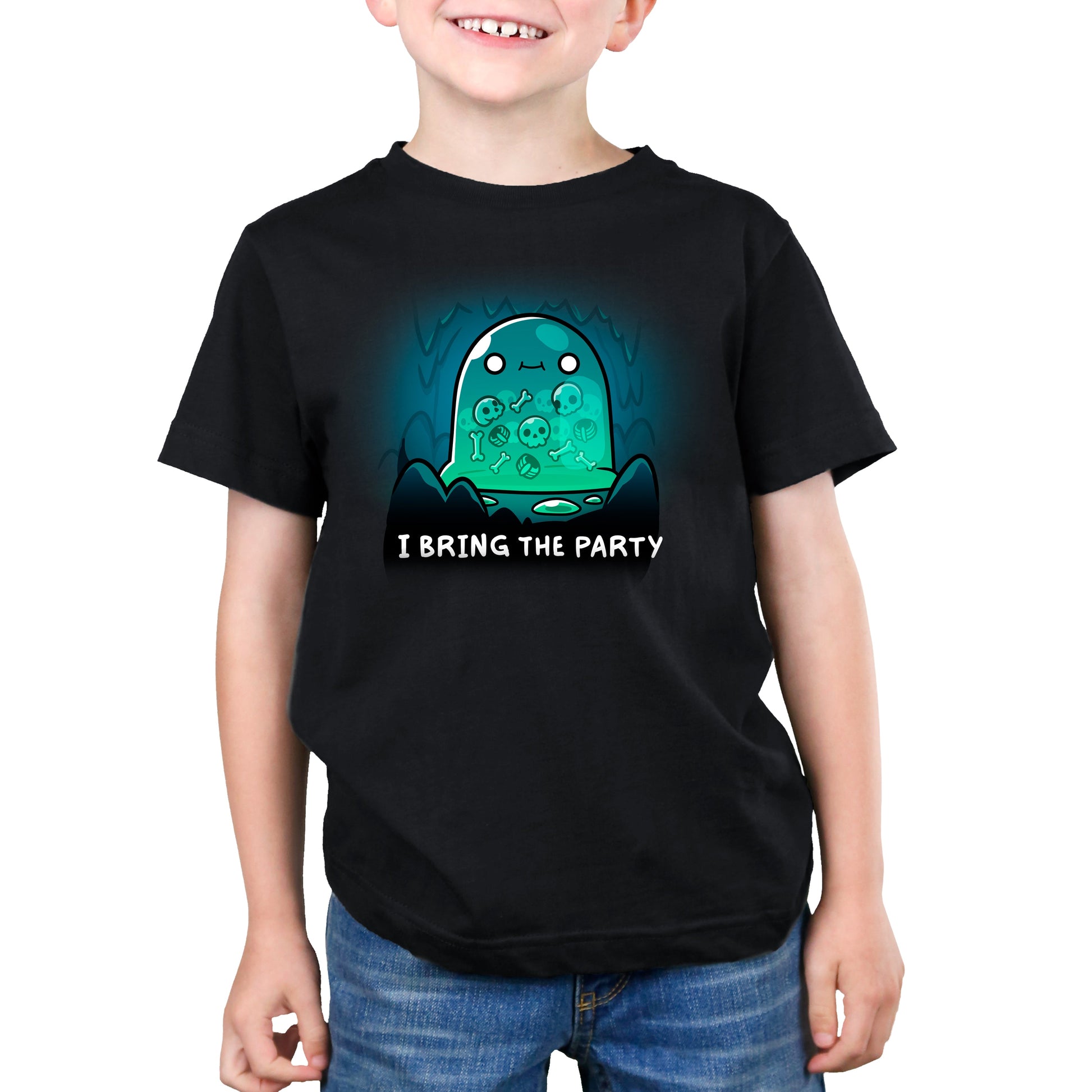 Premium Cotton T-shirt_TeeTurtle black I Bring the Party t-shirt featuring a giant slime monster with a small smile with multiple bones that can be seen in its transparent body inside a cave.