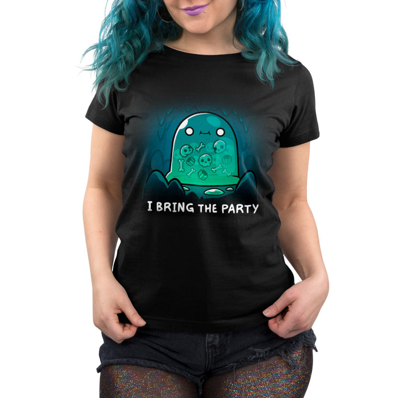 Premium Cotton T-shirt_TeeTurtle black I Bring the Party t-shirt featuring a giant slime monster with a small smile with multiple bones that can be seen in its transparent body inside a cave.