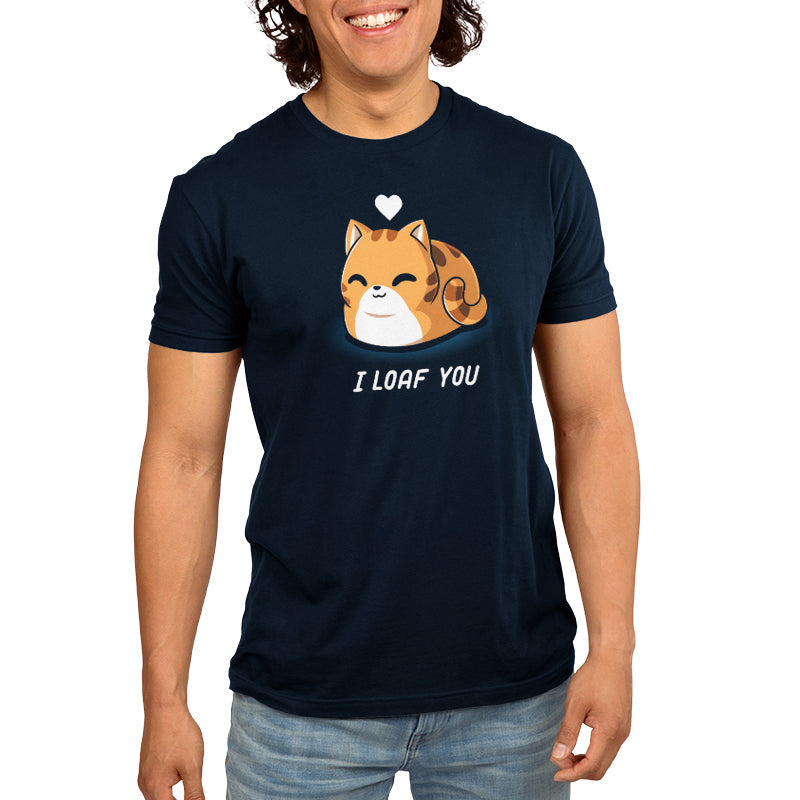 Premium Cotton T-shirt_TeeTurtle I Loaf You navy blue t-shirt featuring a smiling, loaf-shaped orange cat with a heart above its head and the caption "I Loaf You."